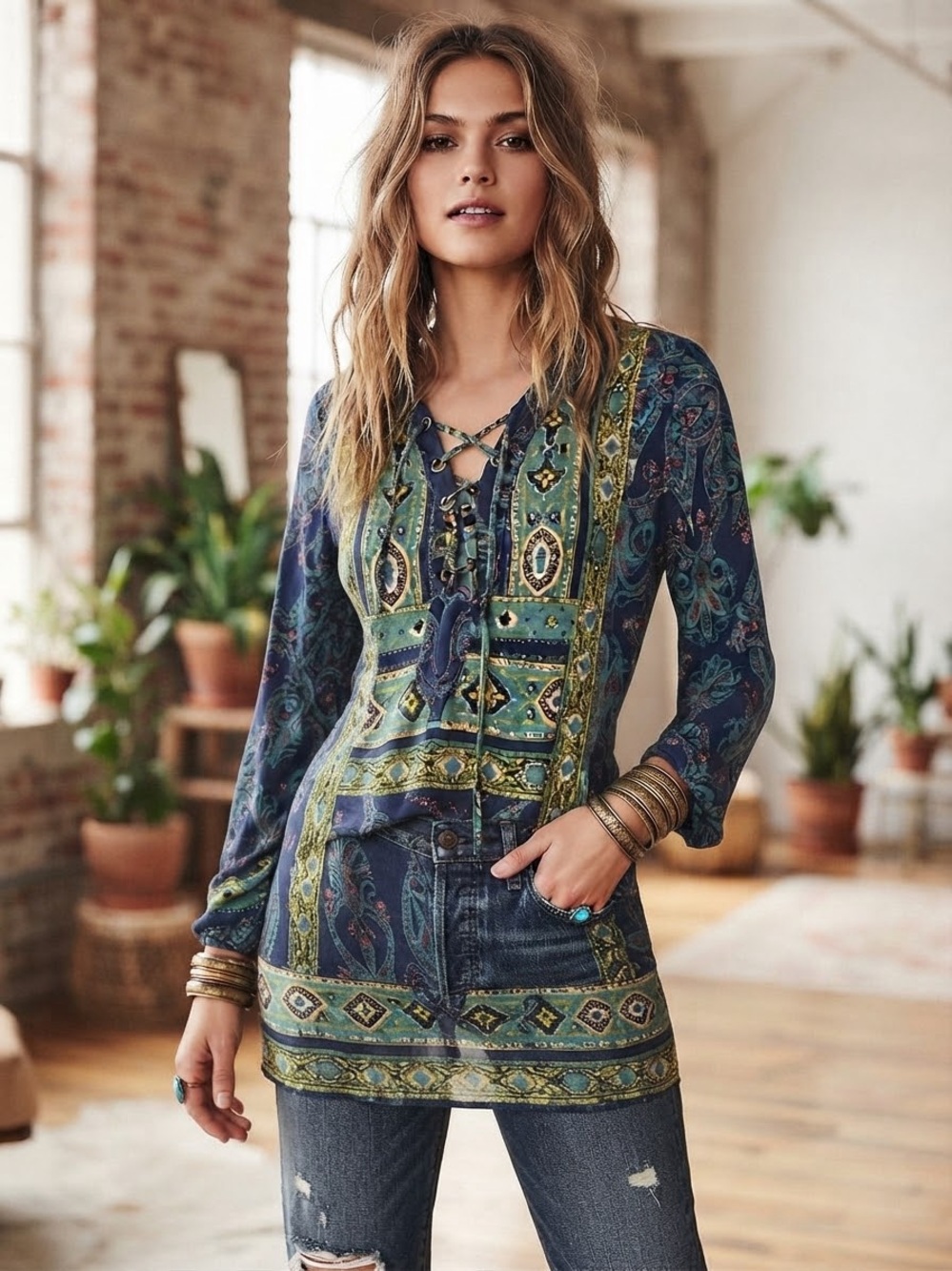 Free People Magic Mystery Paisley Lace-Up Tunic Top Green blue Size Medium